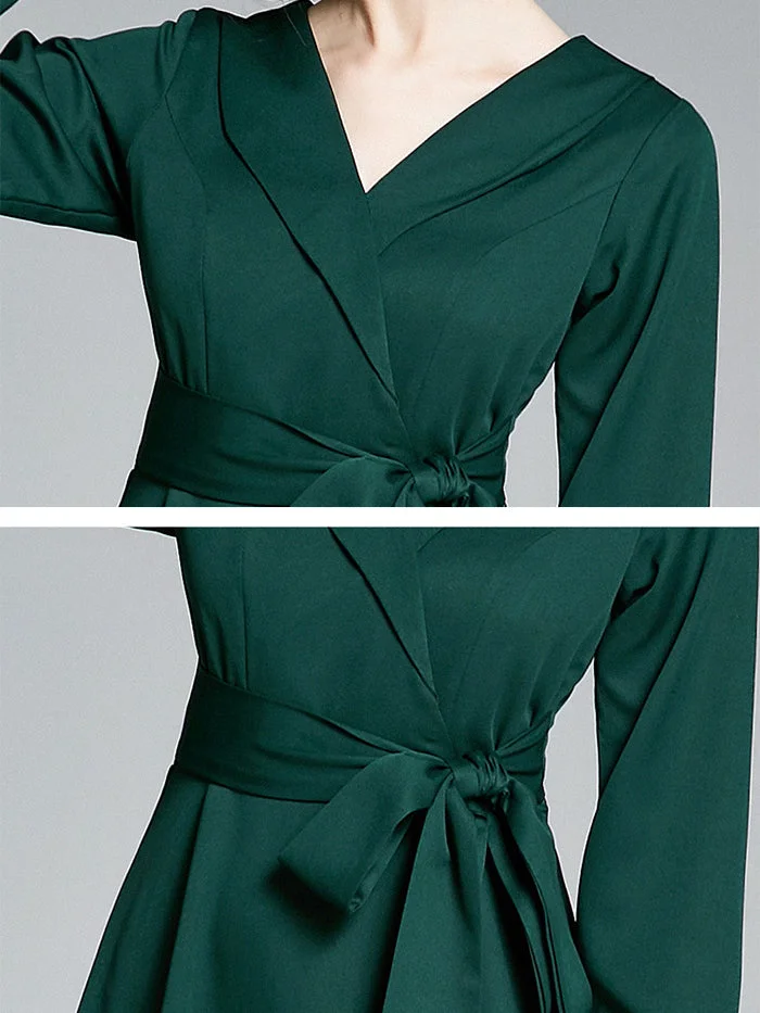Temperament Long-sleeved Lapel Tie-up Dress