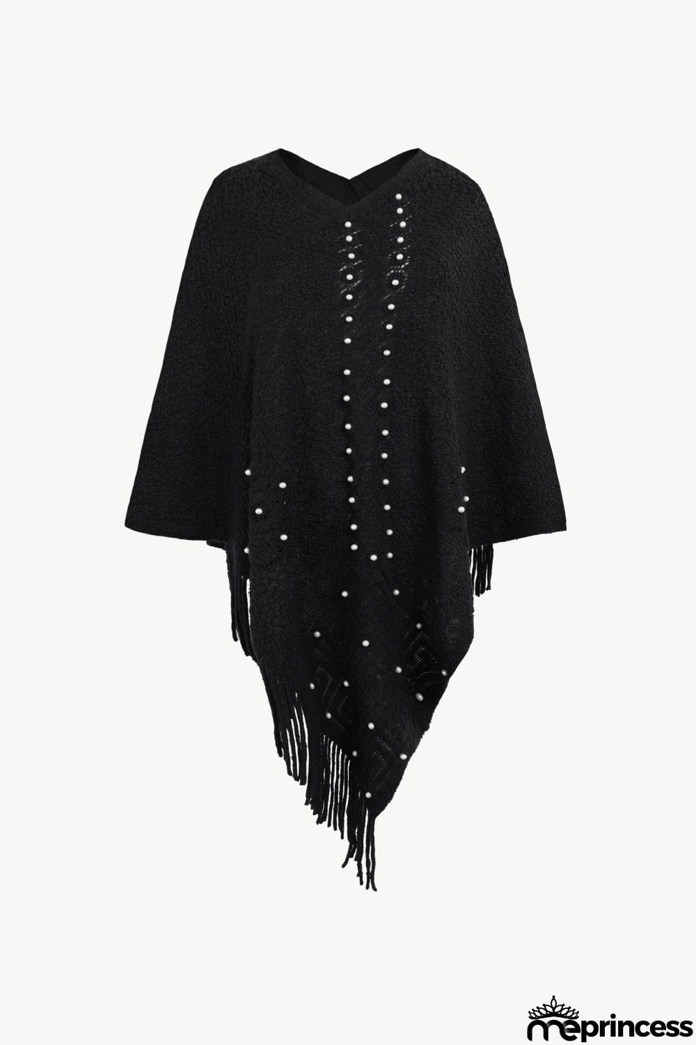 Pearl Trim Fringe Hem Poncho