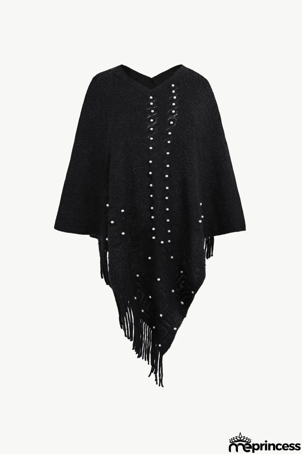 Pearl Trim Fringe Hem Poncho