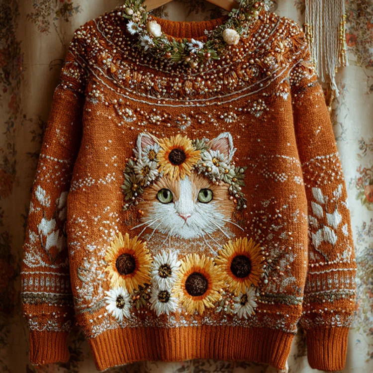 Women's Vintage Halloween Sunflower And Cat Embroidered Sweater