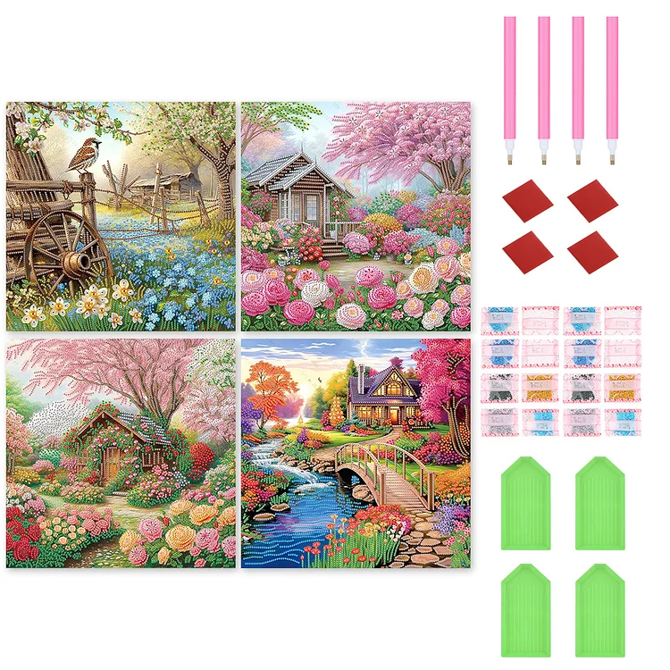 4Pcs Village House - Special Shaped Drill Diamond Painting - 40*40CM(Canvas)