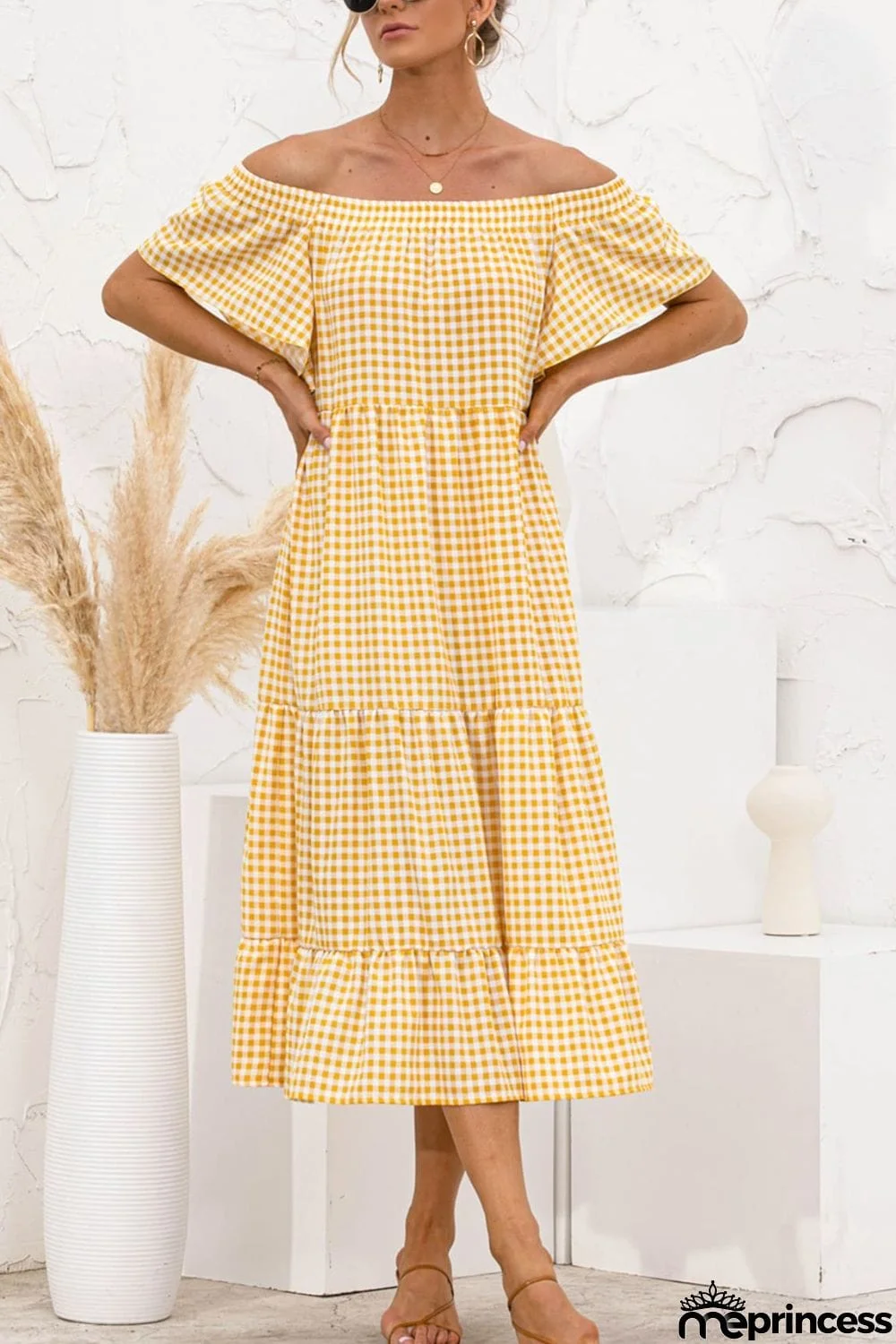 Gingham Off-Shoulder Tiered Midi Dress