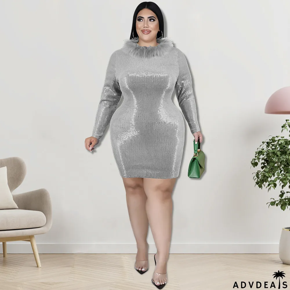 Plus Size Autumn Women's Fur Collar Velvet Bottom Embroidered Sequin Dress
