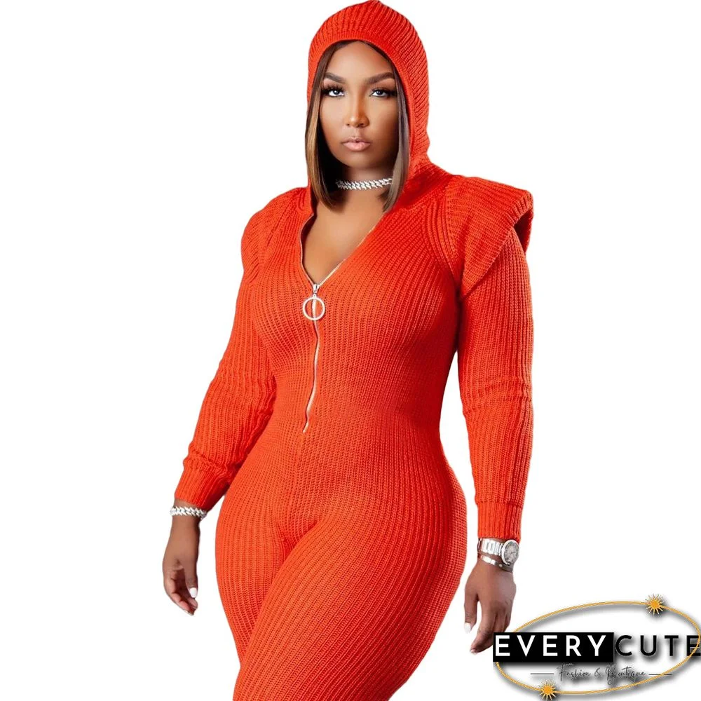 Knitted Long Sleeve Shoulder Padded Hooded Jumpsuit