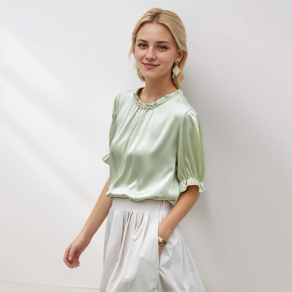 Pearls Decoration Fresh Green Women's Silk Blouse REAL SILK LIFE