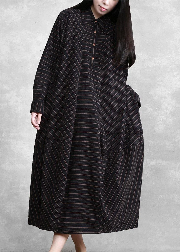 Natural Black Striped Linen Dresses Spring Gown
