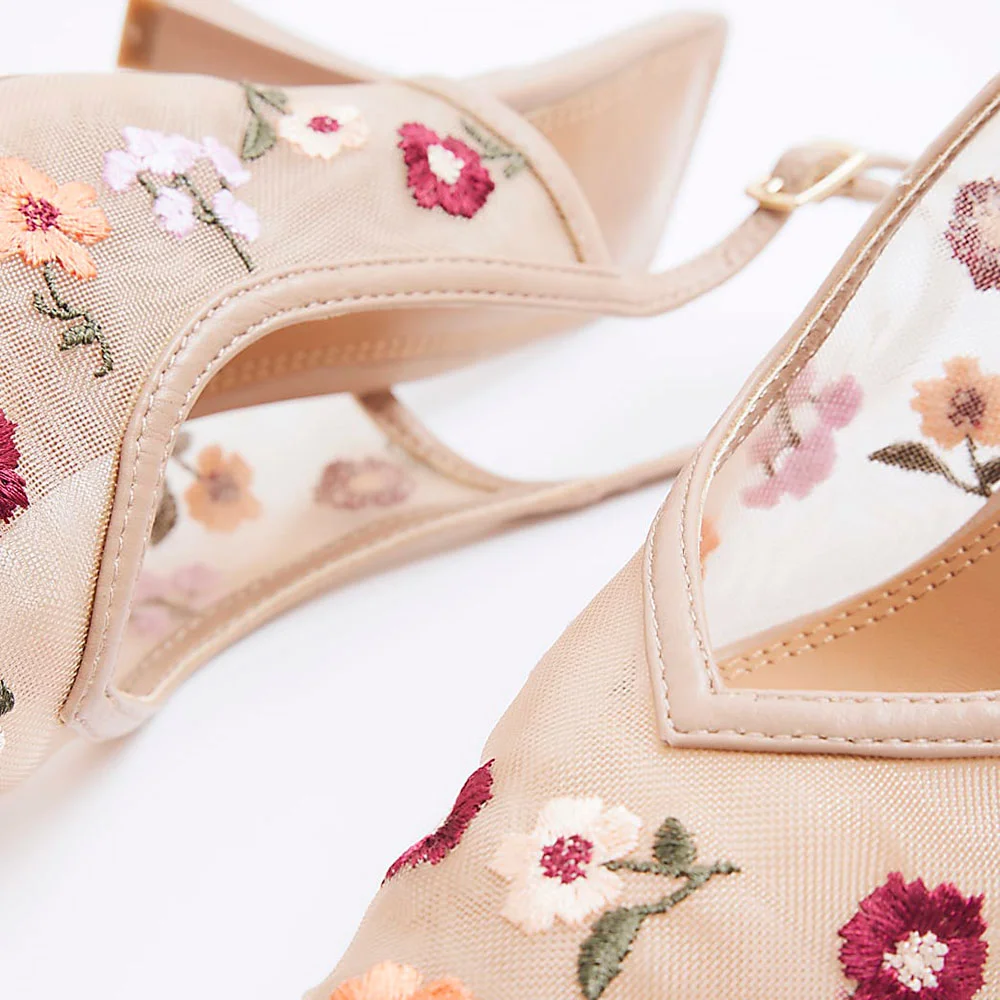 Chic Nude Mesh Pointed Toe Flower Embroidered Slingback Pumps
