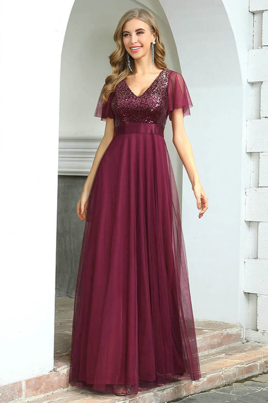 Burgundy Sequins Short Sleeve Long Evening Party Dress - lulusllly