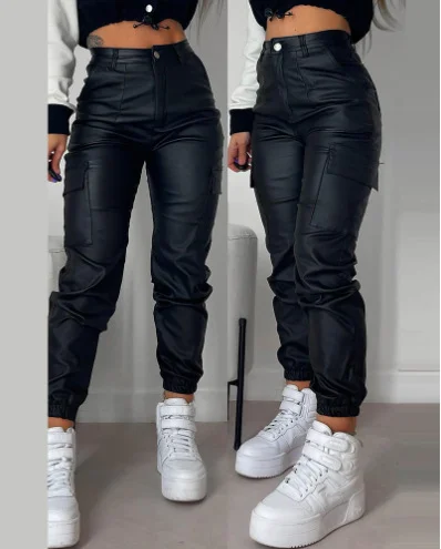 Mongw Mongw Summer 2023 Women's Wear Locomotive Zip Pleated Pocket Fashion PU Casual Sticker Bag Tight Foot Trousers