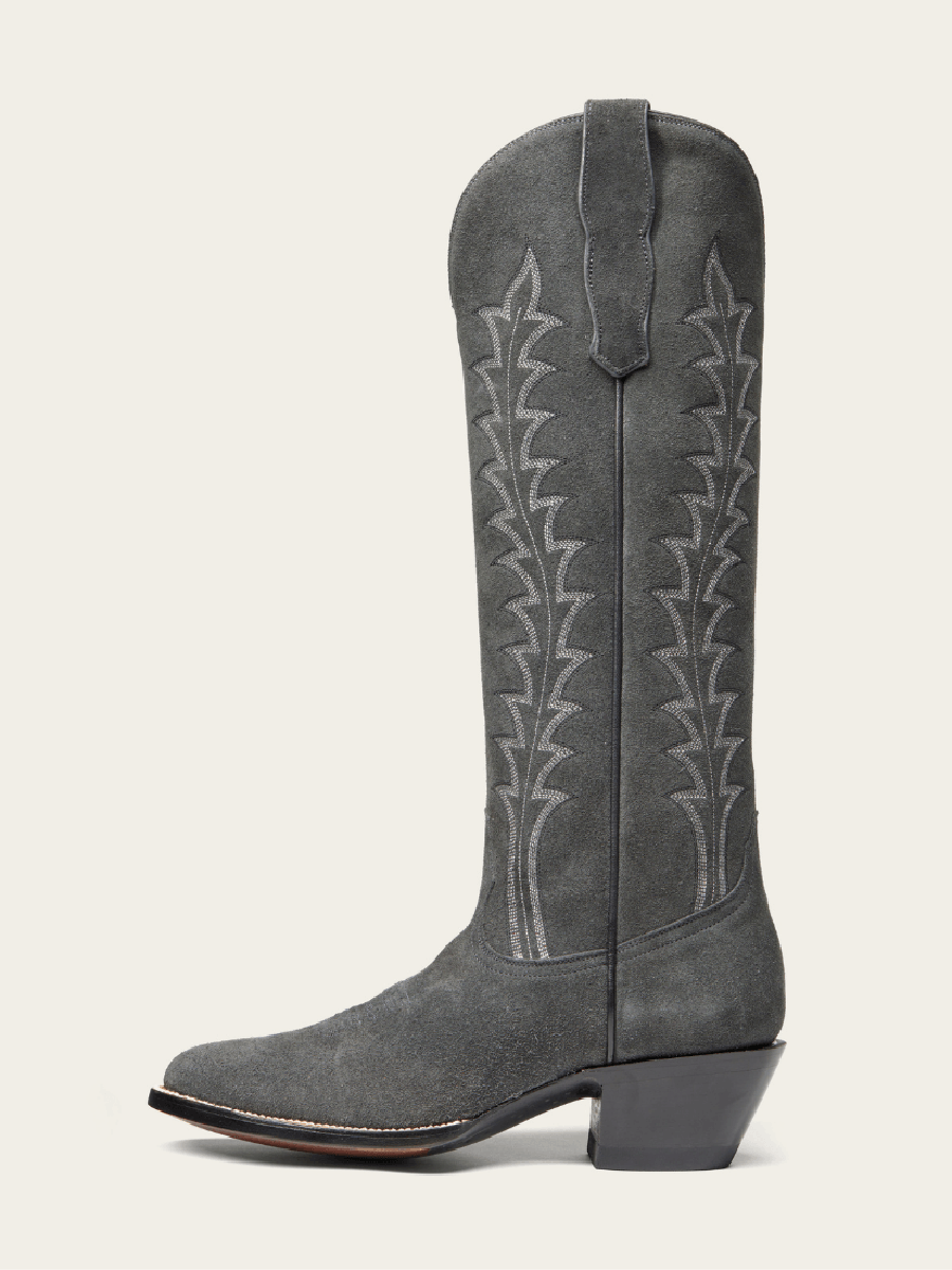 Gray Faux Suede Pointed Toe Embroidered Wide Calf Knee High Cowgirl Boots With Chunky Heels