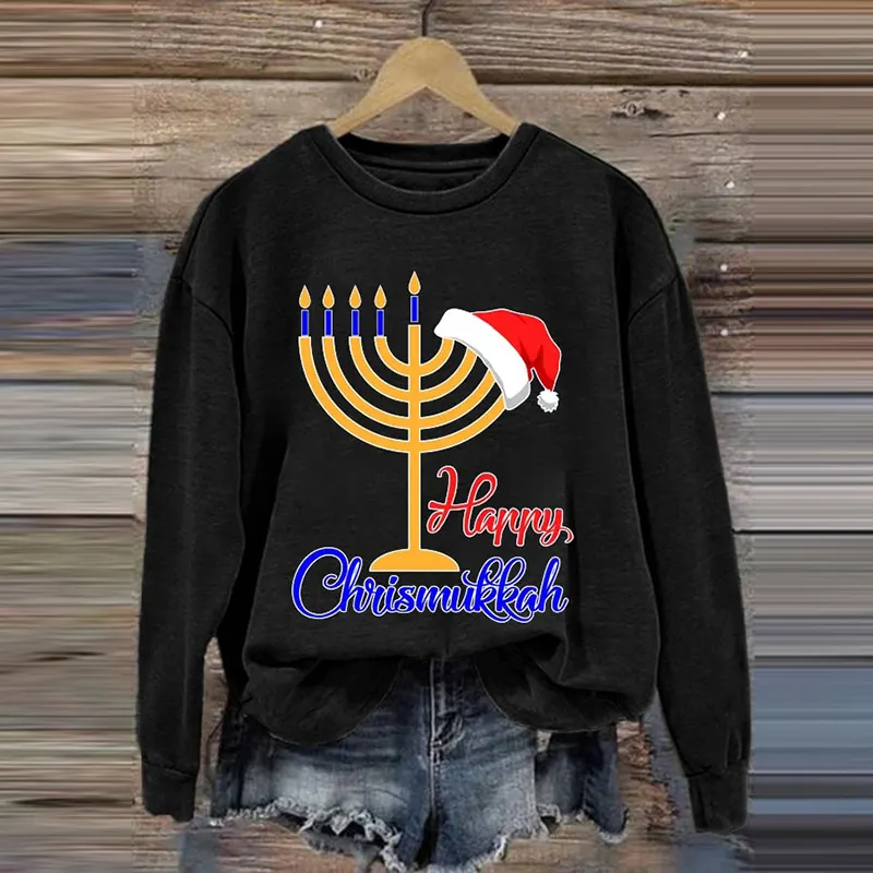 Women's Hanukkah Christmas Menorah Print Crew Neck Sweatshirt