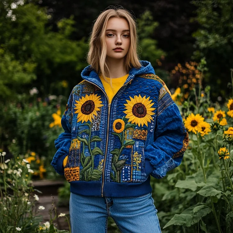 VChics Ukraine Sunflowers Embroidered Patchwork Art Full Zip Hoodie