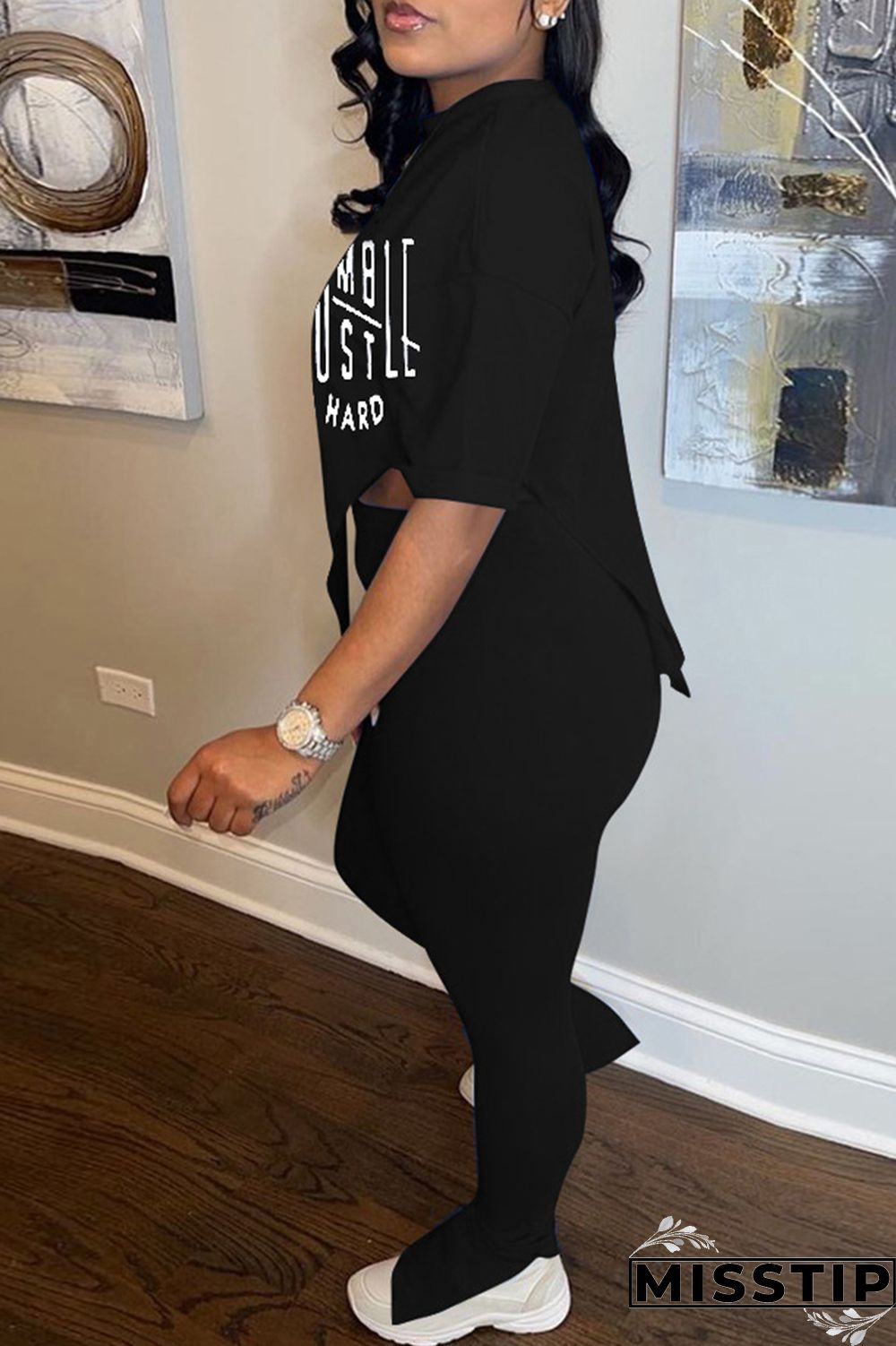 Black Fashion Casual Print Slit Asymmetrical O Neck Short Sleeve Two Pieces