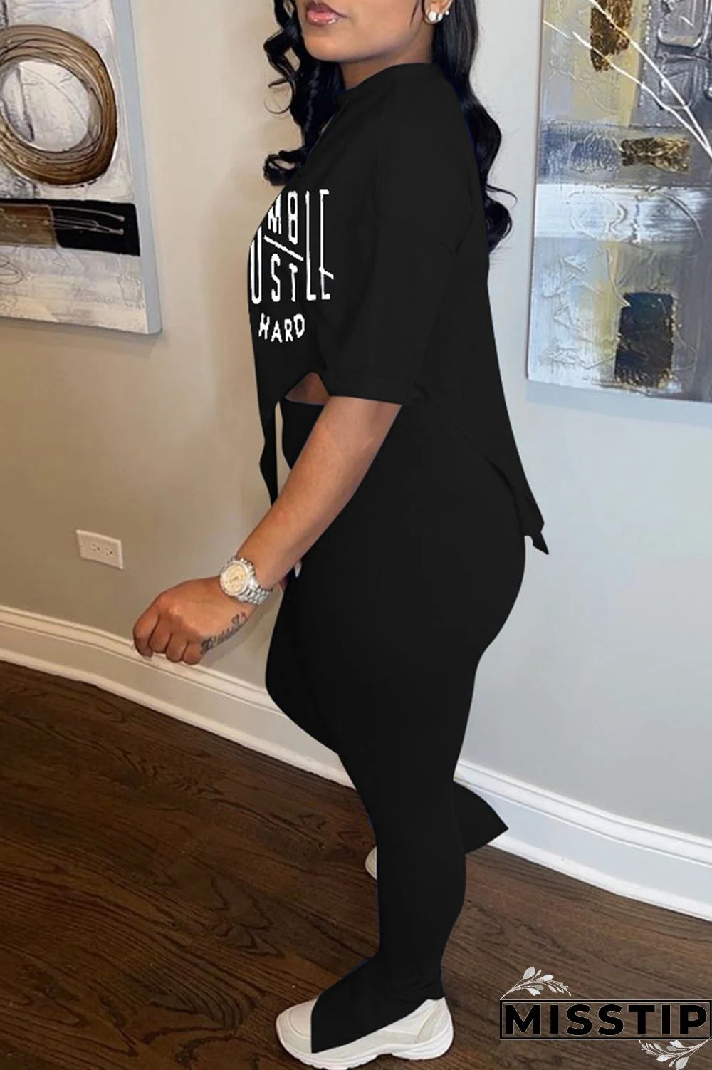 Black Fashion Casual Print Slit Asymmetrical O Neck Short Sleeve Two Pieces