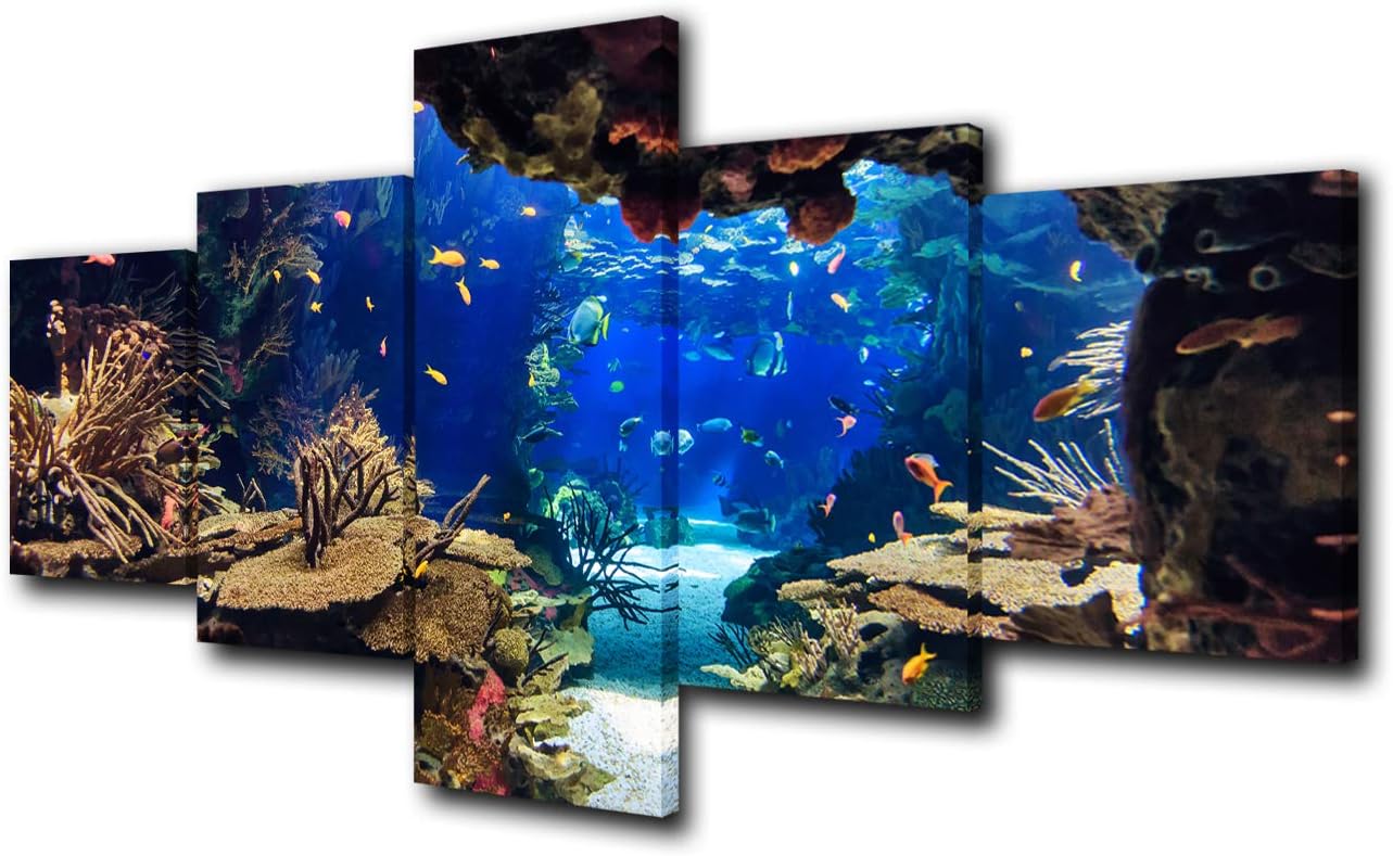 Ocean Fish Picture for Living Room Underwater World Painting Coral Reef Artwork Undersea Sea Life Wall Art 5 Piece Print on Canvas Giclee Aquarium Home Modern Decor Framed Ready to Hang(50''W x 24''H) 50WX24H