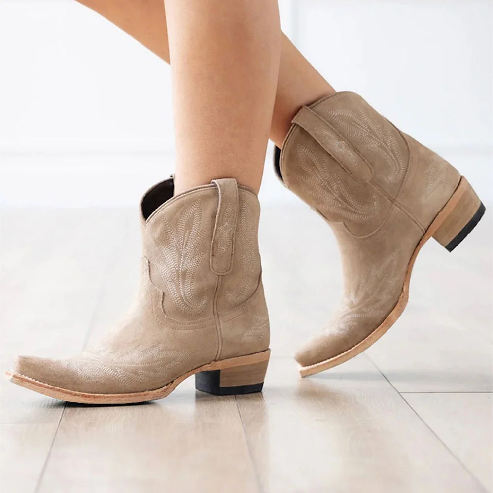 Beige Block Heel Embroidered Snip Toe Short Cowgirl Boots for Women