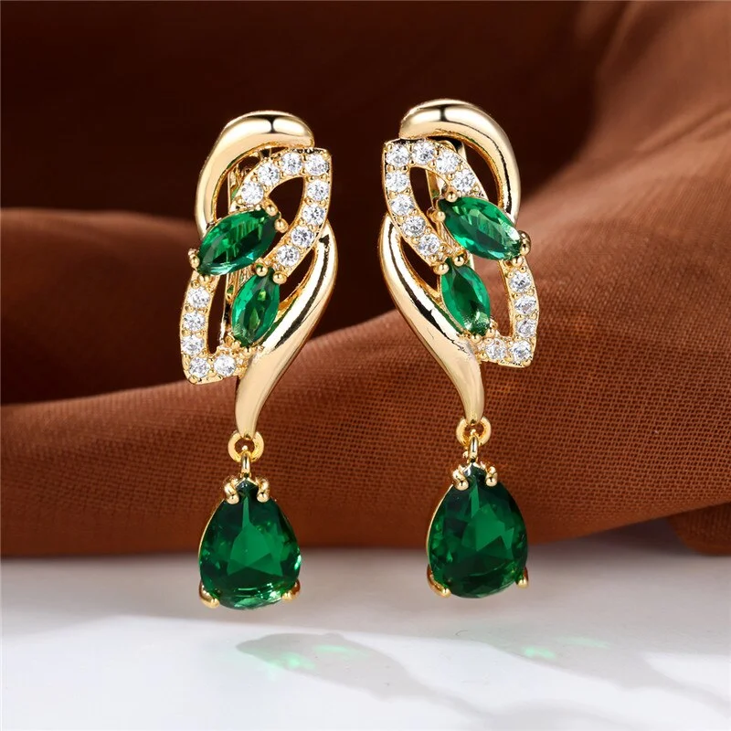 Cute Female Green Zircon Stone Hoop Earrings Vintage Hollow Crystal Flower Earrings Boho Gold Color Wedding Earrings For Women