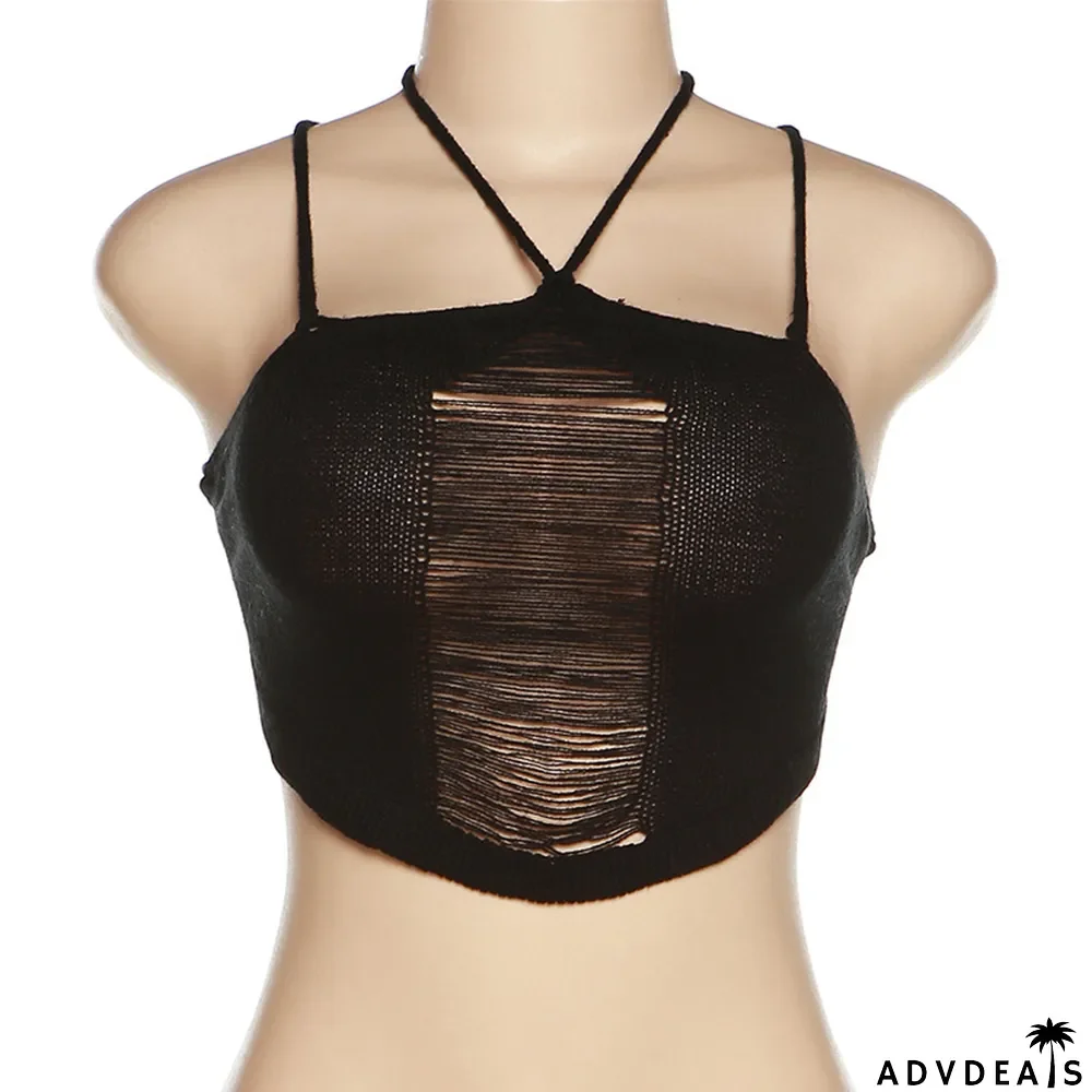 Summer Women Sexy Backless Sleeveless Crop Fringed Lace-Up Slim Top