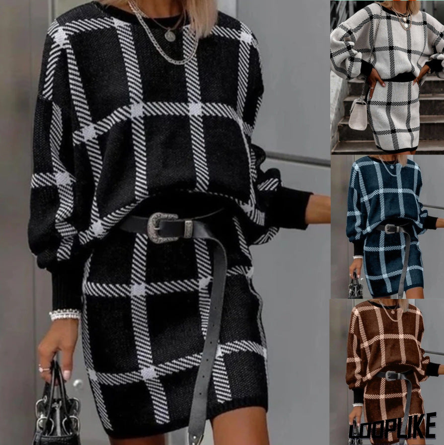 Round Neck Long Sleeve Jacket Mini Skirt Suit