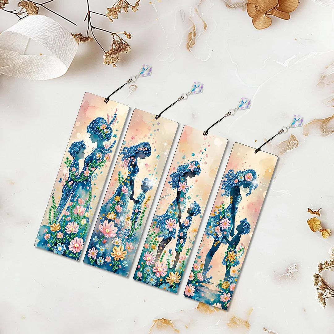 4Pcs Flowers and Parents DIY Diamond Bookmark Art Projects Irregular Shaped Diamonds Diamond Painting Art Bookmarks with Crystal Pendants for DIY Making Beginners Adult Art Craft Supplies