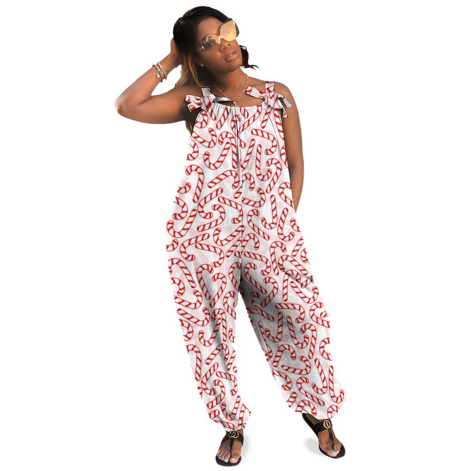 Christmas Candy Canes Plus Size Women Rompers Summer Casual Loose Jumpsuit Wedding Dress Nursing Summer Party Boho Casual Long Length Pockets