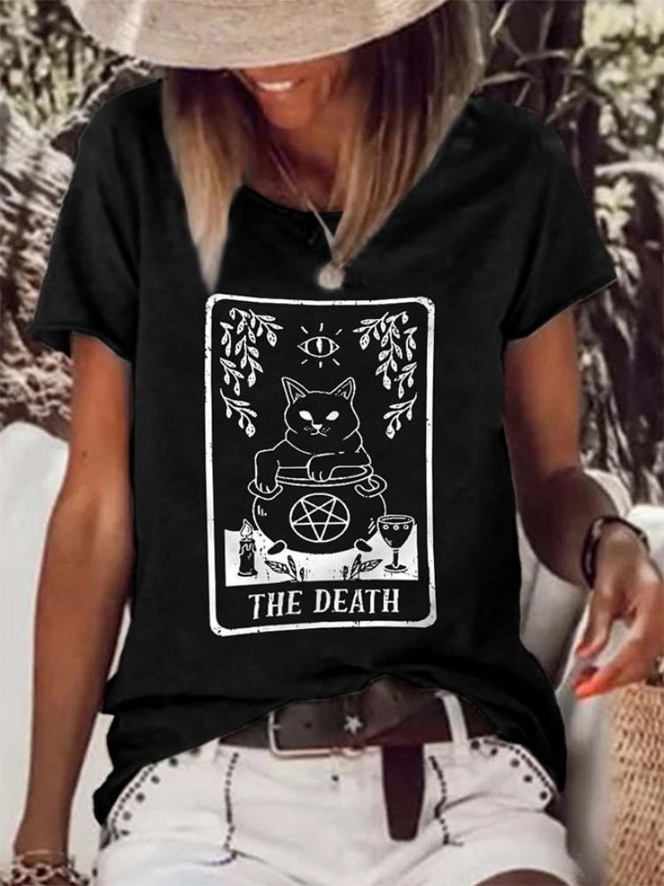 The Death Cat Print Casual Crew Neck Short Sleeve T-Shirt