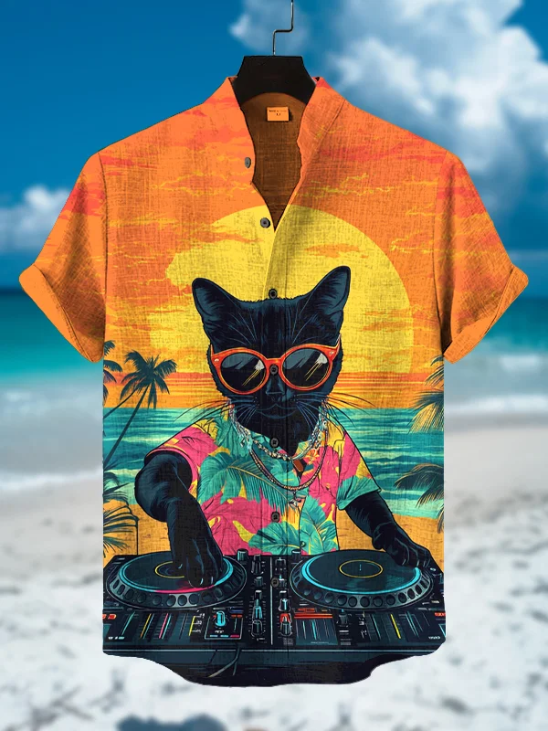 Men's Seaside Black Cat DJ Hawaii Style Print Short Sleeve Shirt