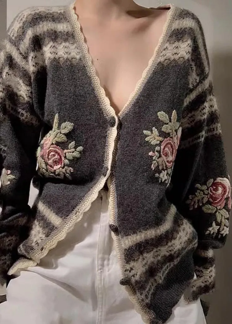 Fitted Grey Embroidered Floral Knit Cardigans Spring