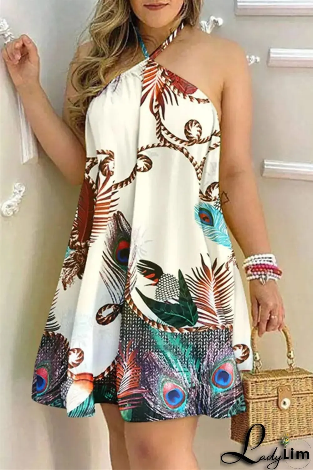 Blue Fashion Casual Print Bandage Backless Halter Sleeveless Dress Dresses