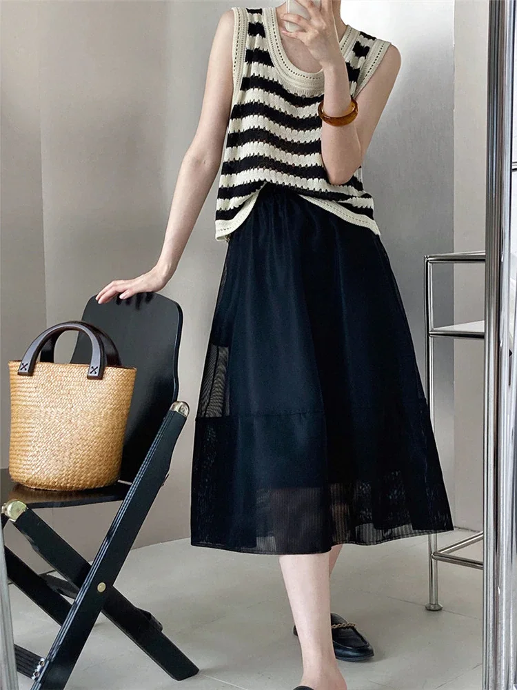 Casual Loose Perspective Mesh Patchwork Elastic Waist Skirt      