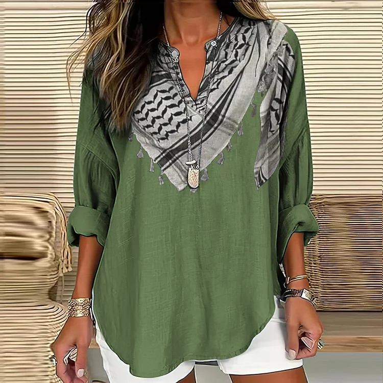 I Hope Peace Forever Kufiya Inspired Pattern Linen Blend Cozy Tunic