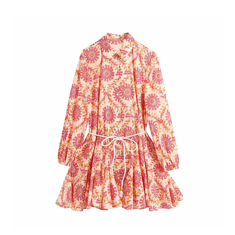 Summer Dress For Women Vintage Print Sundresses With Belt Mini Long Sleeve Shirt Dress Robe Femme Short Vestido Mujer 2021 New