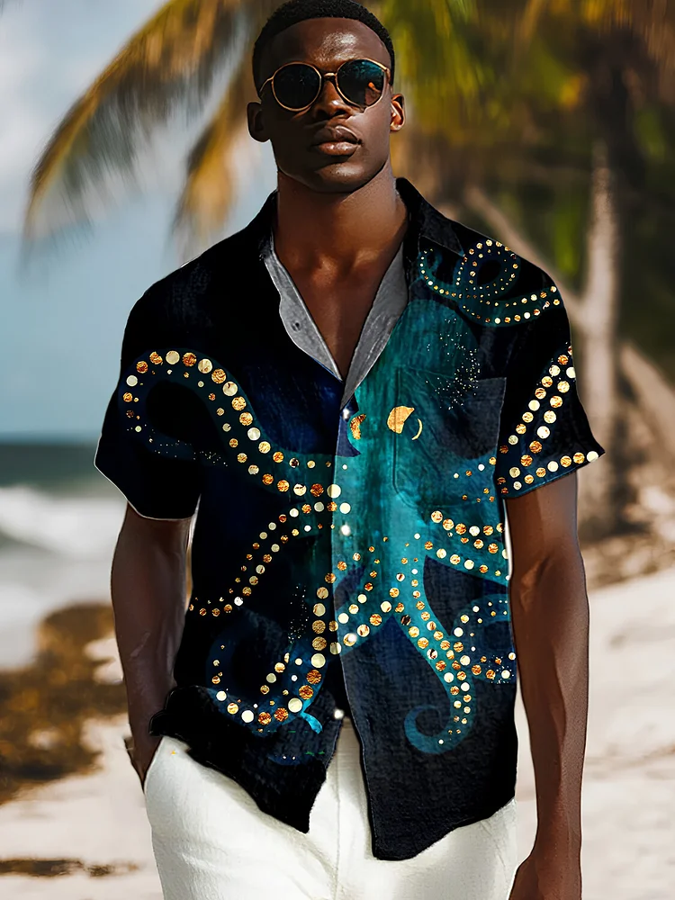 Men's Cool Gold Foil Polka Dot Octopus Art Print Casual Shirt