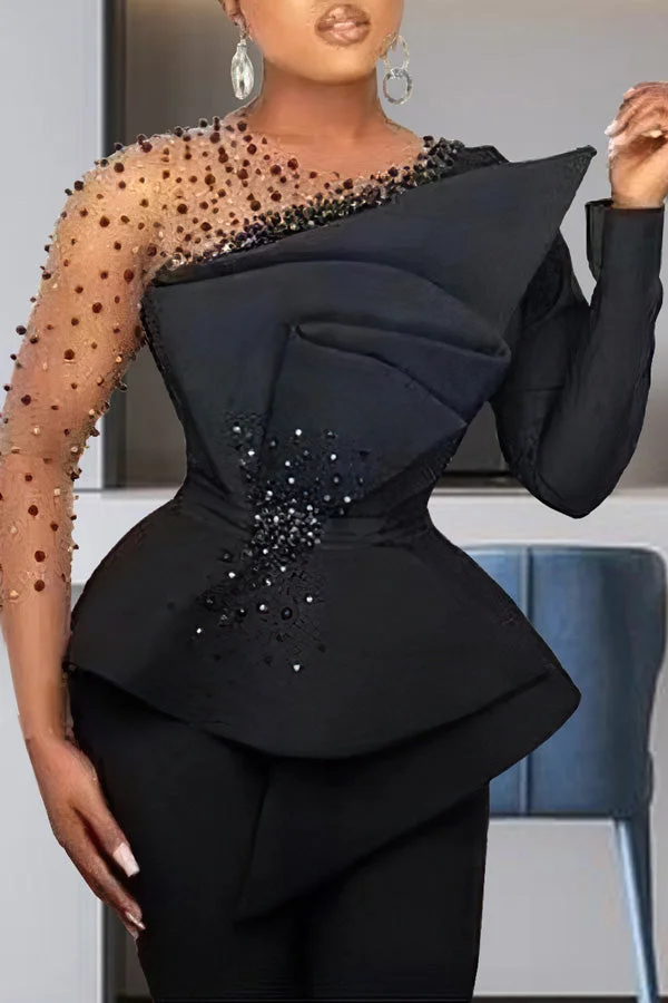 Elegant Mesh Long Sleeve Stitching Beaded A-Line Top Slim Pant Suits