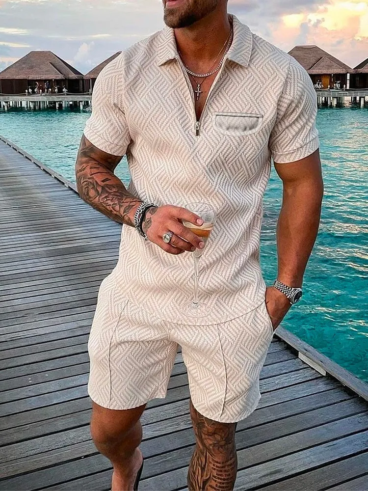 Men's Solid Color Zip Polo Shirt and Shorts Two-Piece Suits