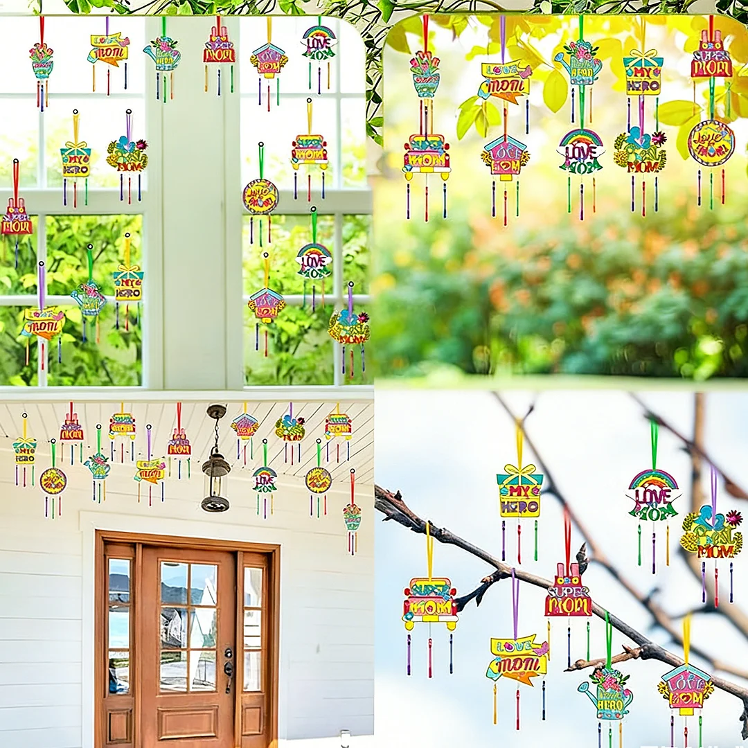 Mothers Day DIY Oil Painting Wind Chimes Wood  Chime Ornament Drawing Spring Craft Pendants for Beginners Adults Gift Home Wall Decor (Wind Chimes B)