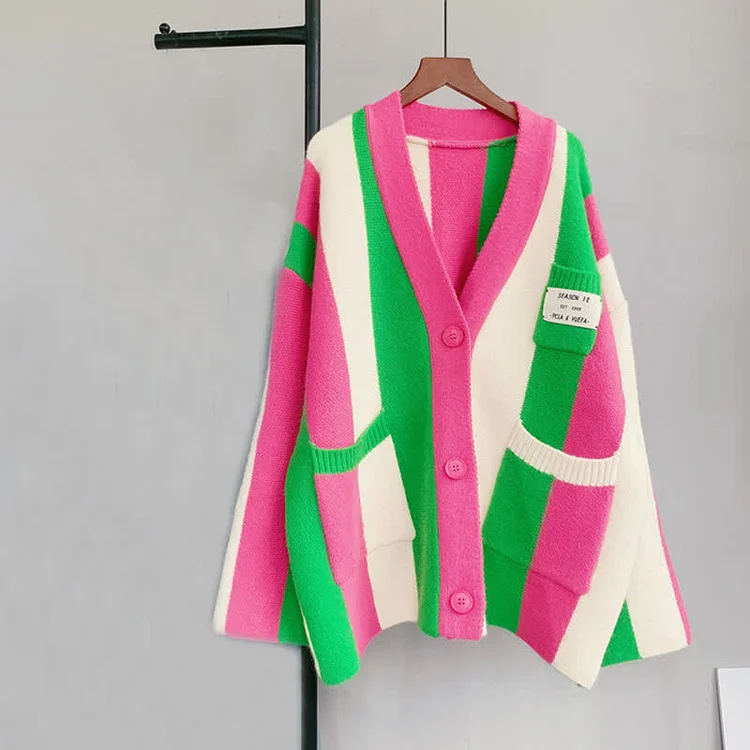Colorblock Pocket Stripe Cardigan Sweater - Modakawa Modakawa