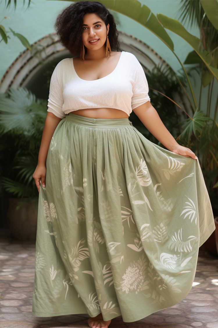 Xpluswear Design Plus Size Daily Sage Green High Waist Tropical Print Long Linen Skirts 