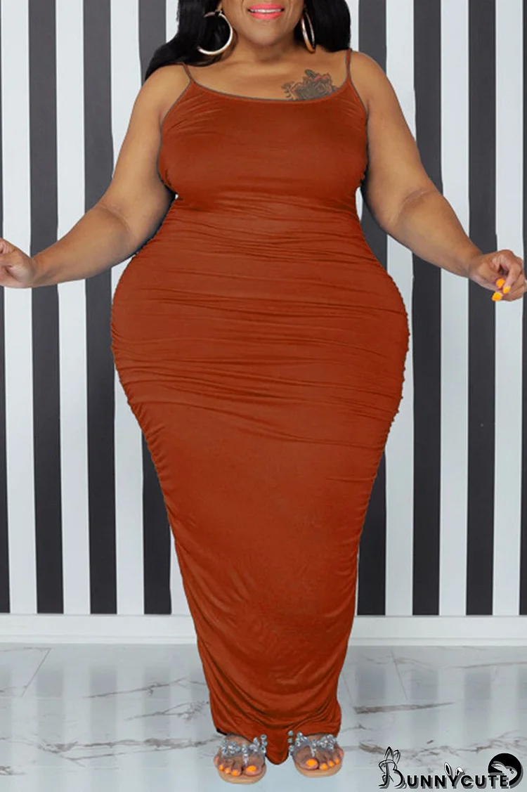Tangerine Red Sexy Solid Patchwork Spaghetti Strap One Step Skirt Plus Size Dresses