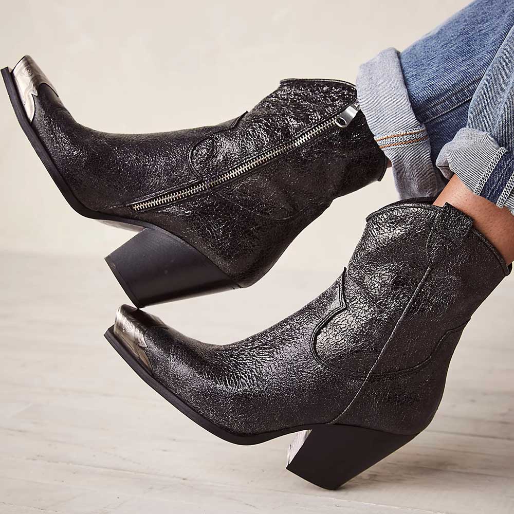 Black Metal Toe Vintage Chunky Heel Western Ankle Boots with Zip