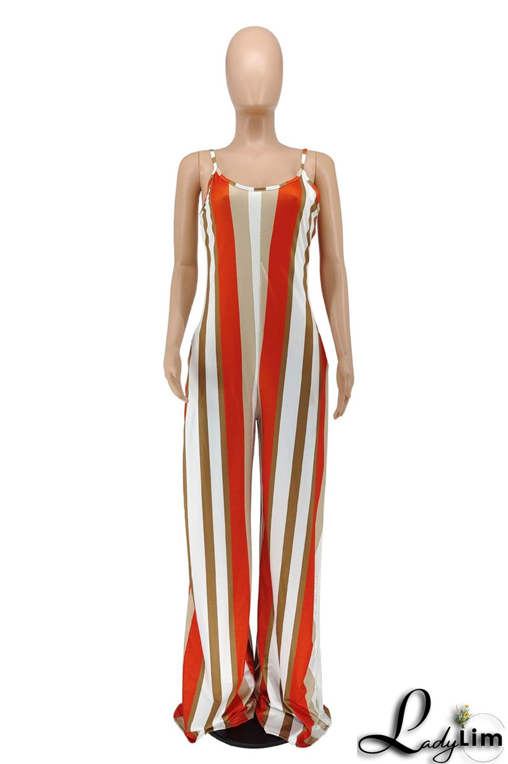 Red Fashion Casual Striped Print Backless Spaghetti Strap Regular Jumpsuits