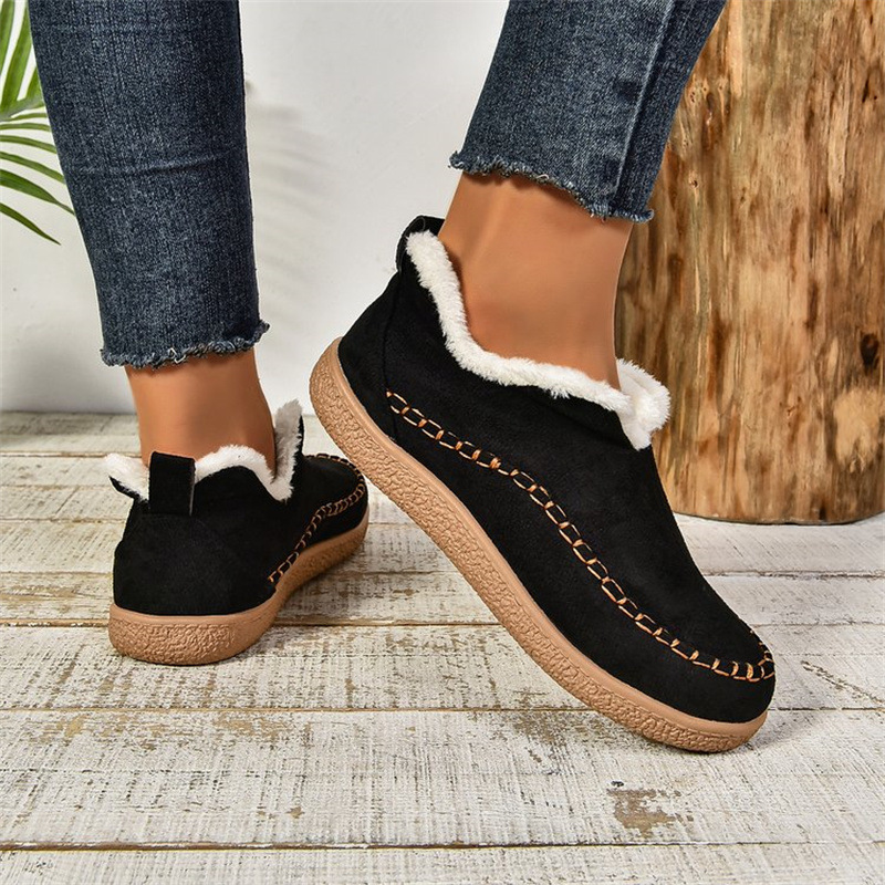 Mature Women Fashion V-cut Plush Ankle Boots Winter Plus Velvet Flat Snow Boot Casual Warm Solid Suede Cotton Shoes