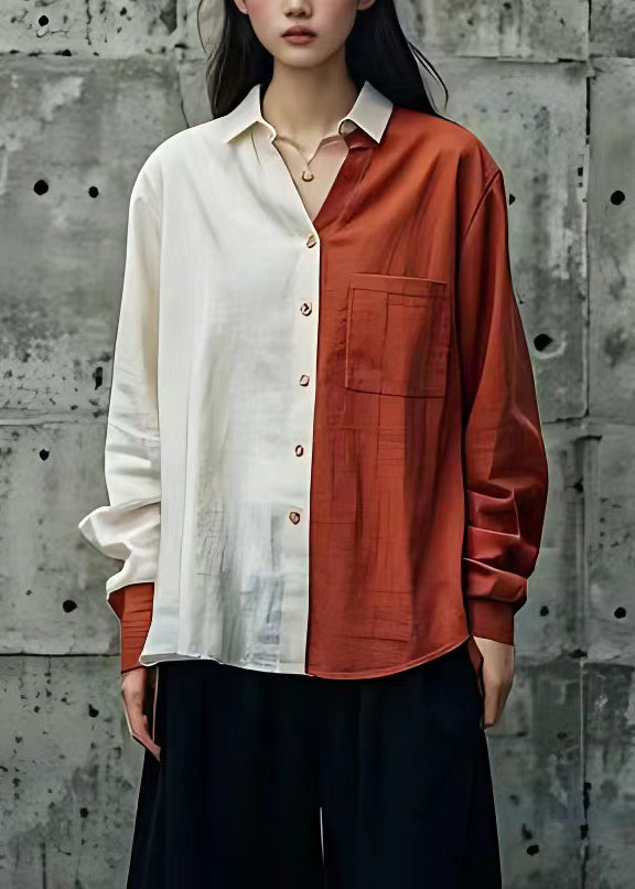 VCSHOES Brick Red Peter Pan Collar Patchwork Shirts Long Sleeve