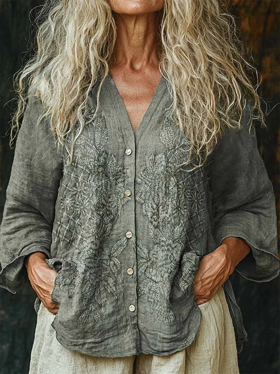 Women's Floral Texture Art Patterns Print Linen And Cotton V-neck Casual Shirt