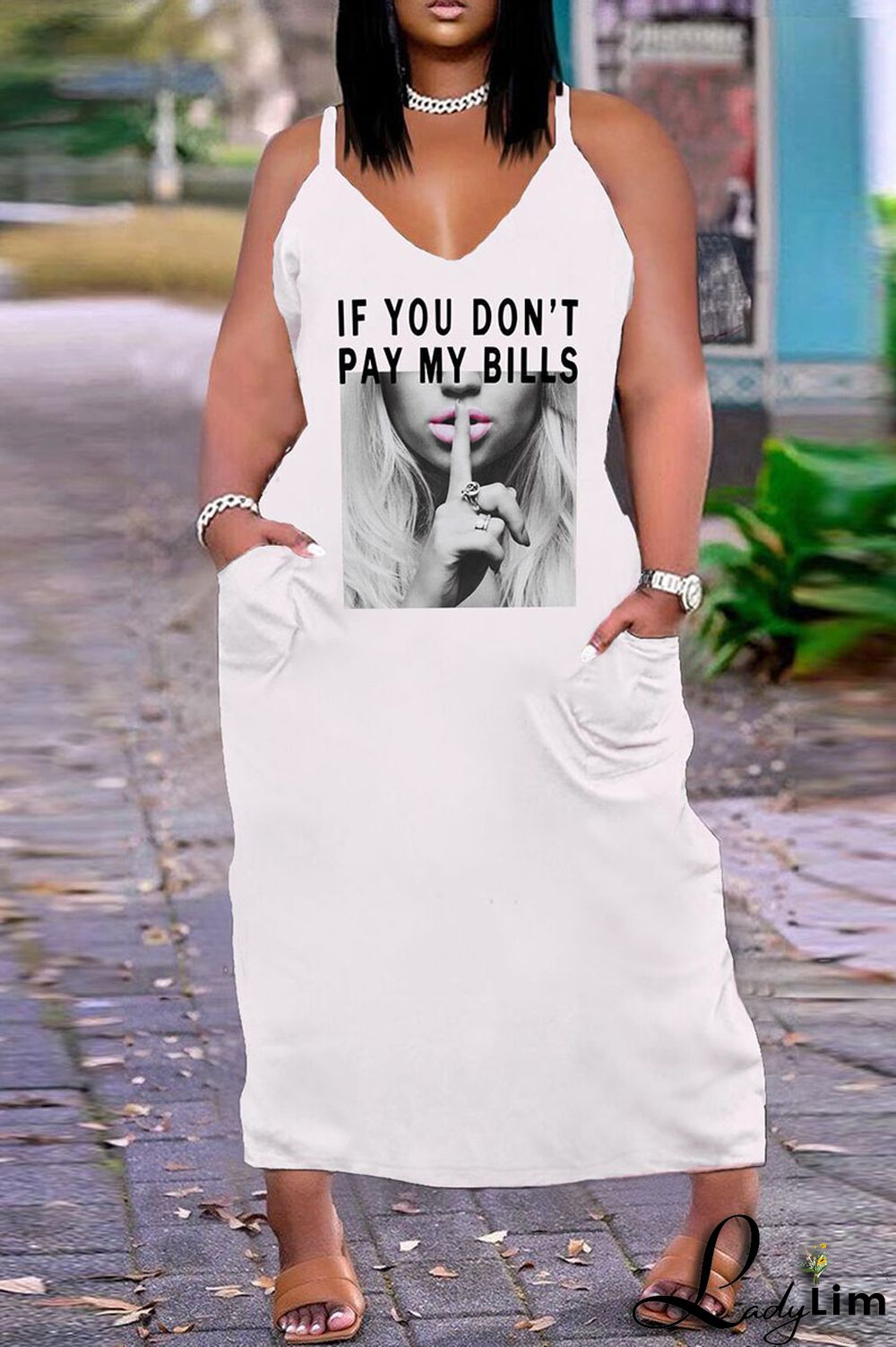 White Orange Sexy Casual Plus Size Print Backless V Neck Sling Dress