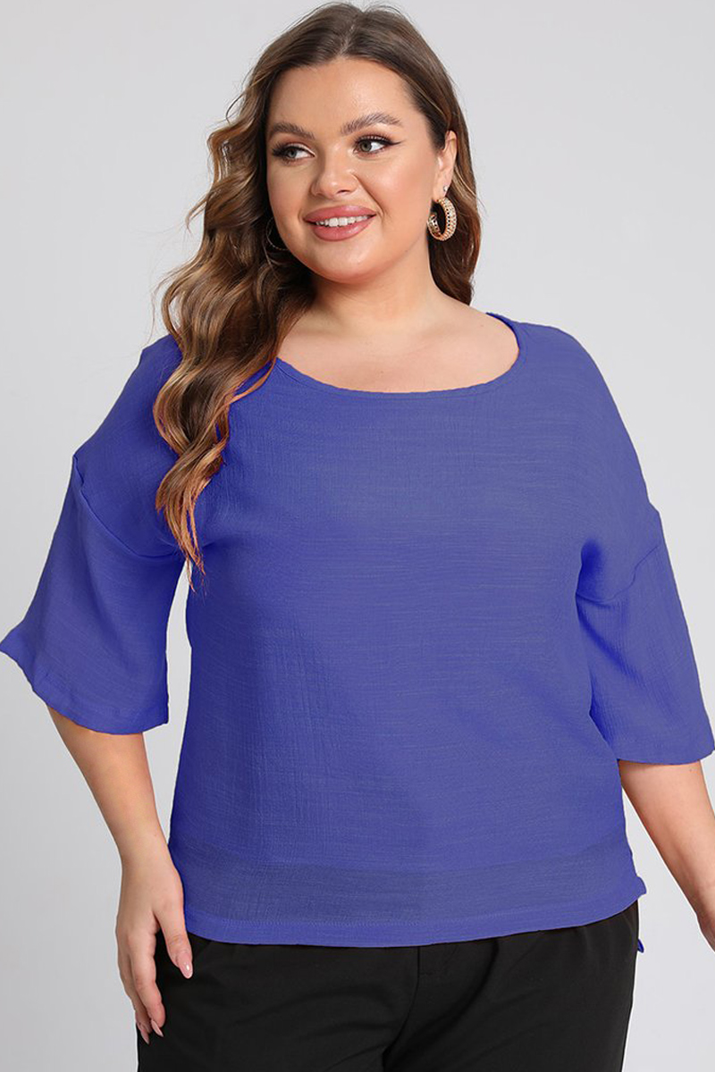 Flycurvy Plus Size Casual Pink Linen 3/4 Sleeve Side Slit Blouses 2024 - Flycurvy 