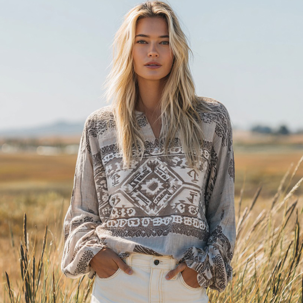  Women's Retro Tribal Geometric Pattern Linen V-neck Shirt Westsshops