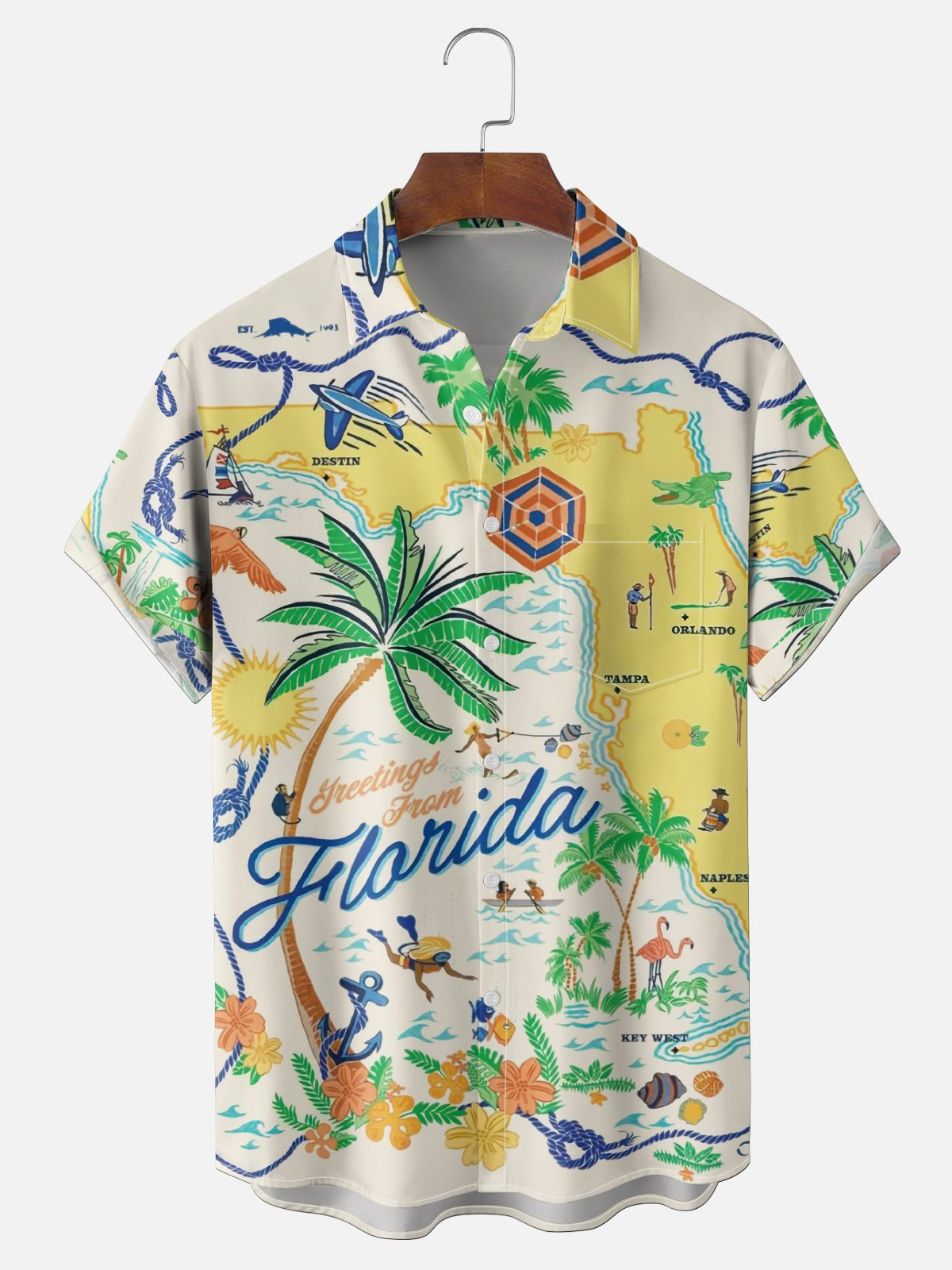 Moisture Wicking Tropical Plants Map Place Names Chest Pocket Holiday Shirt PLUSCLOTHESMAN