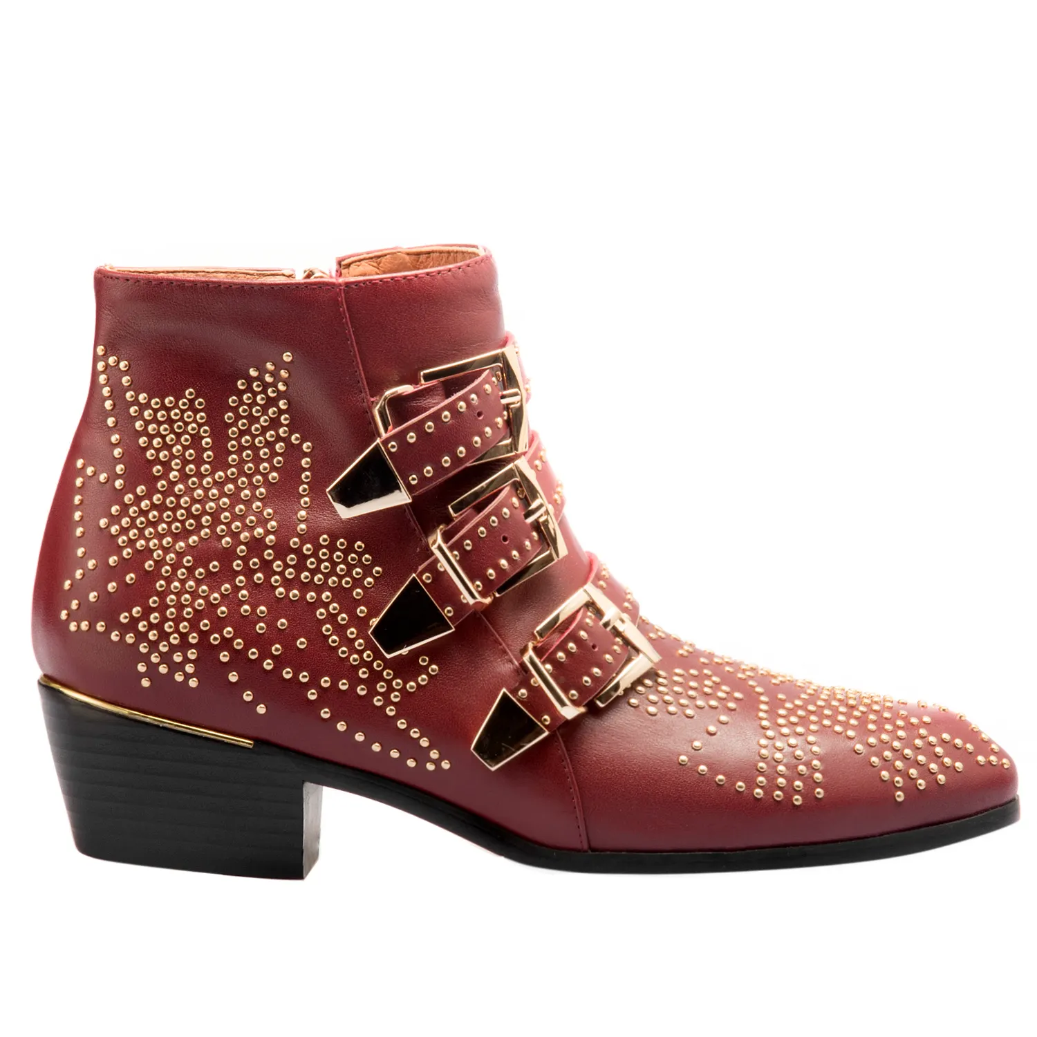 Women's Rivets Metal Buckle Low Heels Ankle Boots Wine Gold-vocosishoes