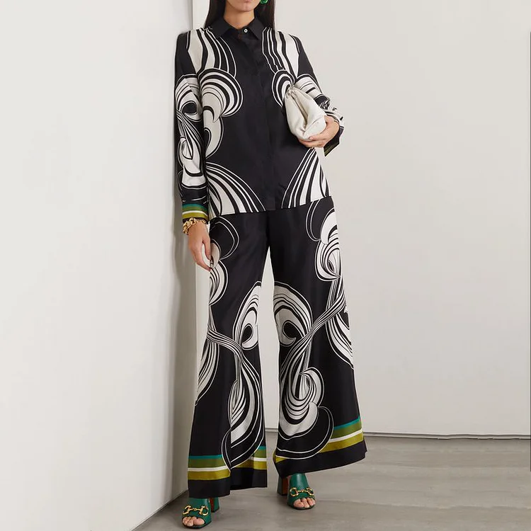 Fashion Textured Colorblock Print Shirt Two Piece Set